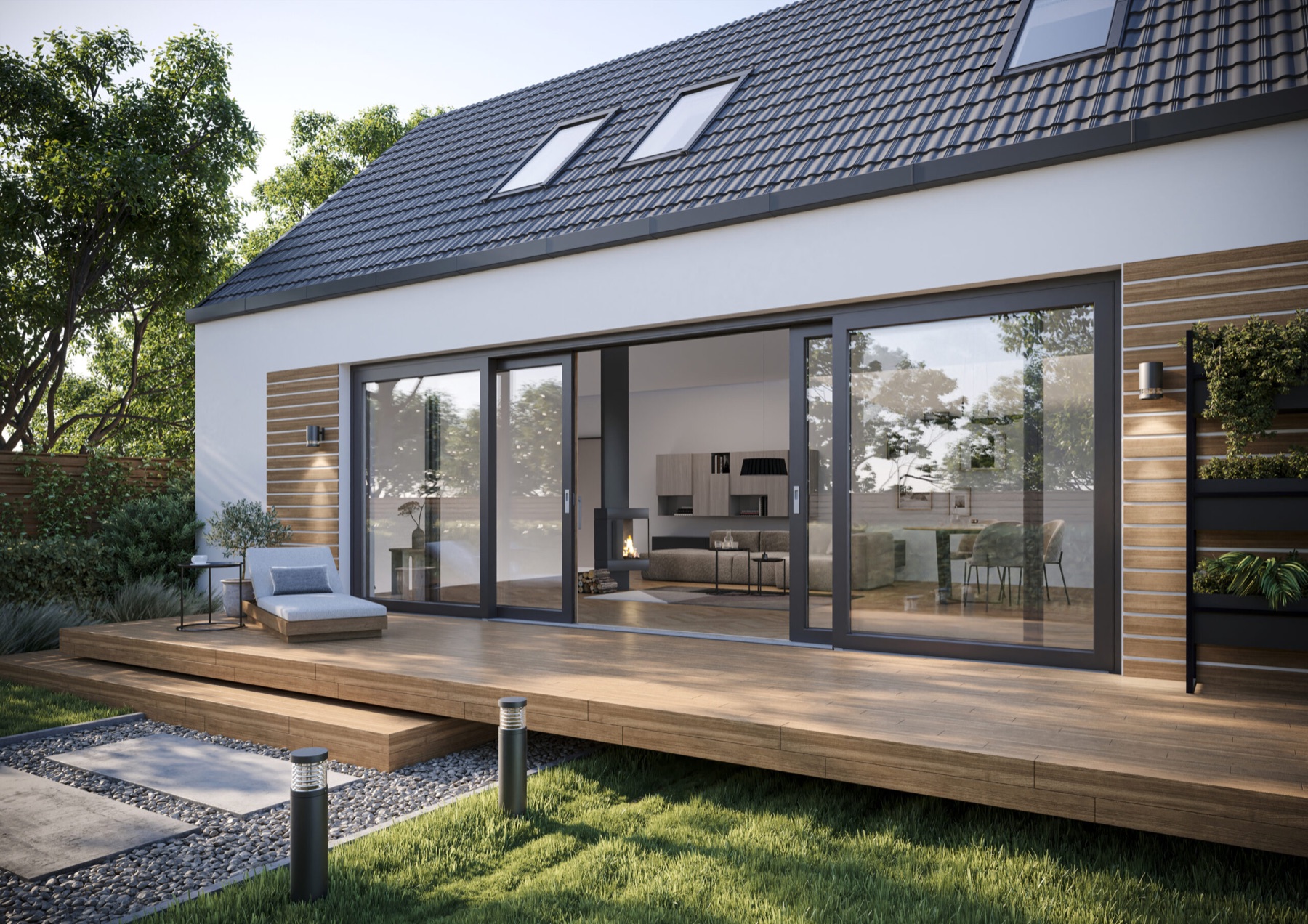 Große Schiebetür zur Terrasse mit Panoramaverglasung