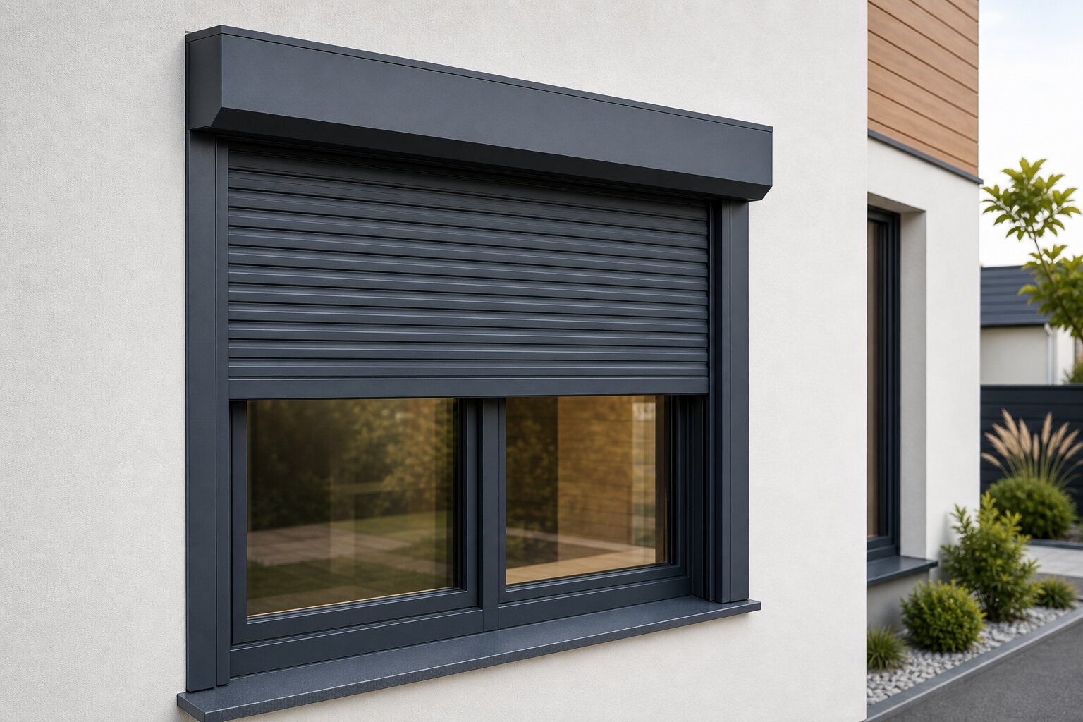 Außenrollladen mit sichtbarem Kasten, Führungsschienen und Aluminiumlamellen
